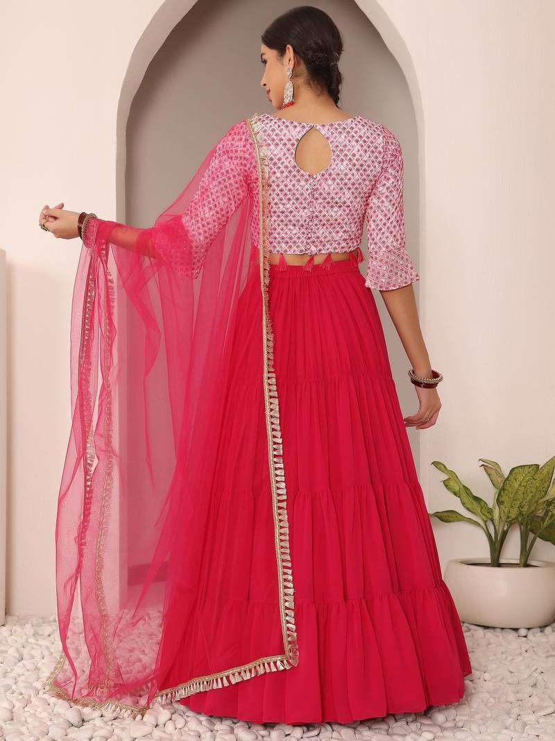 Ready To Wear Pink N Off White Embroidered Tiered Lehenga Set