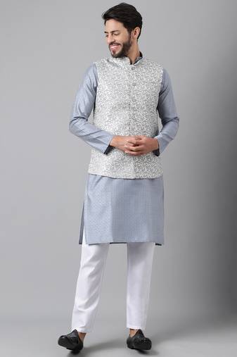 Grey weaving work jacquard silk kurta koti set with pyjama
