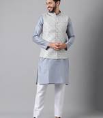 Grey weaving work jacquard silk kurta koti set with pyjama