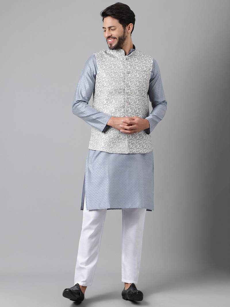 Grey weaving work jacquard silk kurta koti set with pyjama