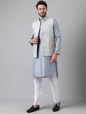 Grey weaving work jacquard silk kurta koti set with pyjama 3