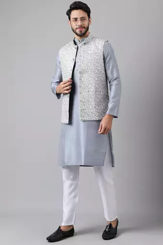 Grey weaving work jacquard silk kurta koti set with pyjama