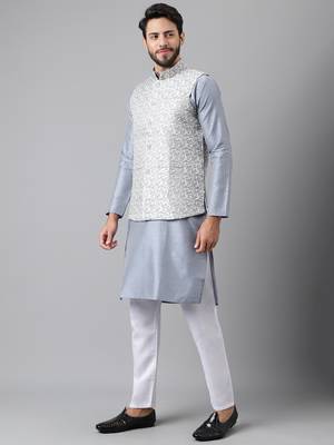 Grey weaving work jacquard silk kurta koti set with pyjama 4