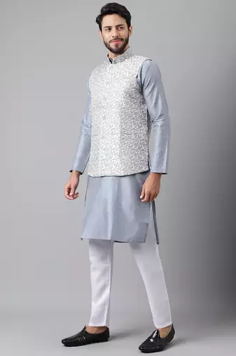 Grey weaving work jacquard silk kurta koti set with pyjama
