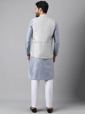 Grey weaving work jacquard silk kurta koti set with pyjama 5