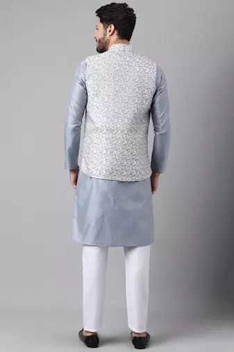Grey weaving work jacquard silk kurta koti set with pyjama