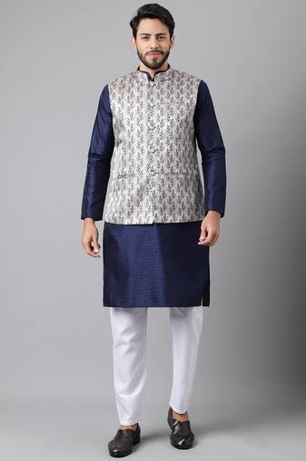 Navy blue weaving work jacquard silk kurta koti set with pyjama