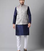 Navy blue weaving work jacquard silk kurta koti set with pyjama