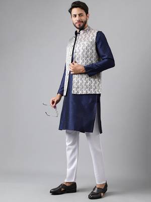 Navy blue weaving work jacquard silk kurta koti set with pyjama 3