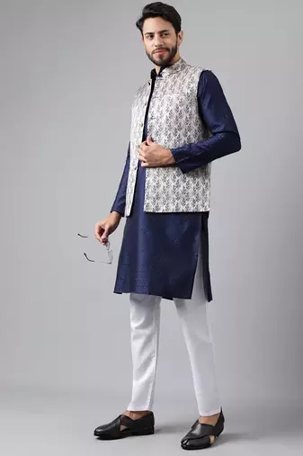 Navy blue weaving work jacquard silk kurta koti set with pyjama