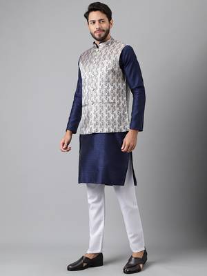 Navy blue weaving work jacquard silk kurta koti set with pyjama 4