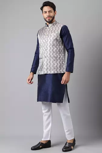Navy blue weaving work jacquard silk kurta koti set with pyjama