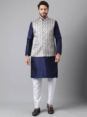 Navy blue weaving work jacquard silk kurta koti set with pyjama 5