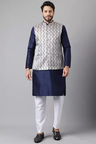 Navy blue weaving work jacquard silk kurta koti set with pyjama