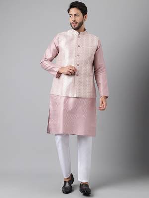 Pink weaving work jacquard silk kurta koti set with pyjama 1