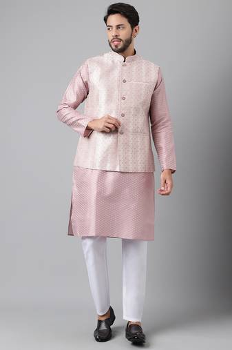Pink weaving work jacquard silk kurta koti set with pyjama