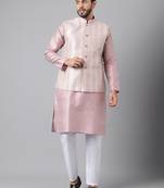 Pink weaving work jacquard silk kurta koti set with pyjama