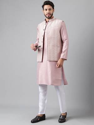 Pink weaving work jacquard silk kurta koti set with pyjama 3