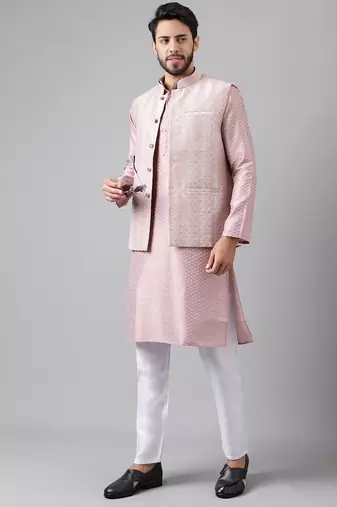 Pink weaving work jacquard silk kurta koti set with pyjama