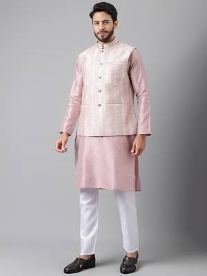 Pink weaving work jacquard silk kurta koti set with pyjama 4