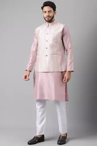 Pink weaving work jacquard silk kurta koti set with pyjama