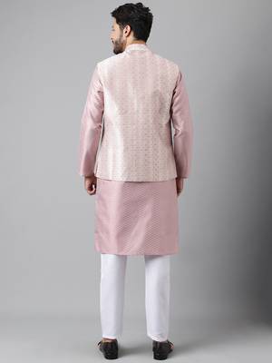 Pink weaving work jacquard silk kurta koti set with pyjama 5