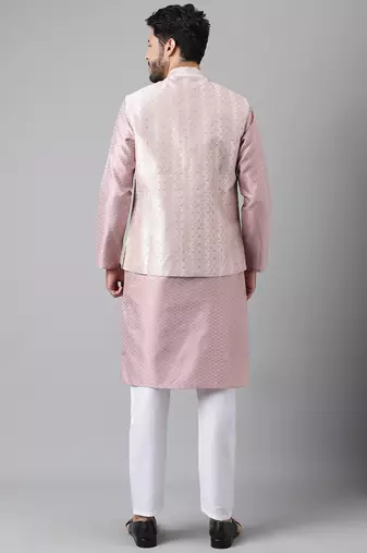 Pink weaving work jacquard silk kurta koti set with pyjama