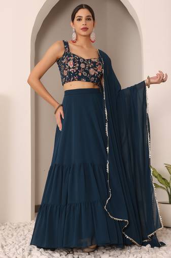 Ready To Wear Blue Embroidered N Pleated Tiered Lehenga Set