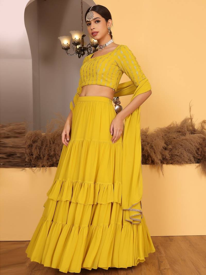 Mustard Georgette Satin Lehenga Straight