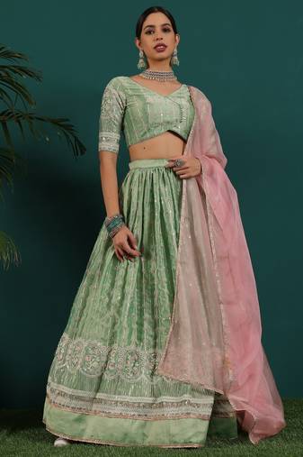 Ready To Wear Green Art Silk Embroidered Lehenga Set