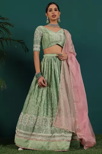 Ready To Wear Green Art Silk Embroidered Lehenga Set