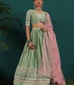 Ready To Wear Green Art Silk Embroidered Lehenga Set