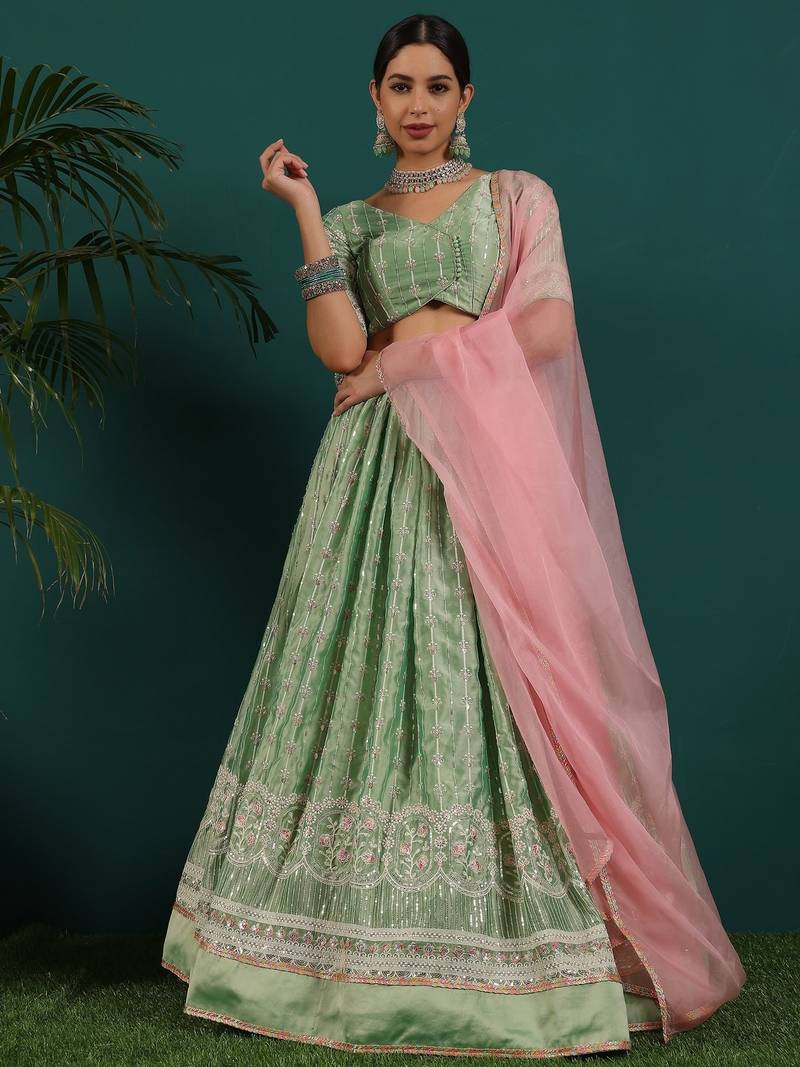 Ready To Wear Green Art Silk Embroidered Lehenga Set