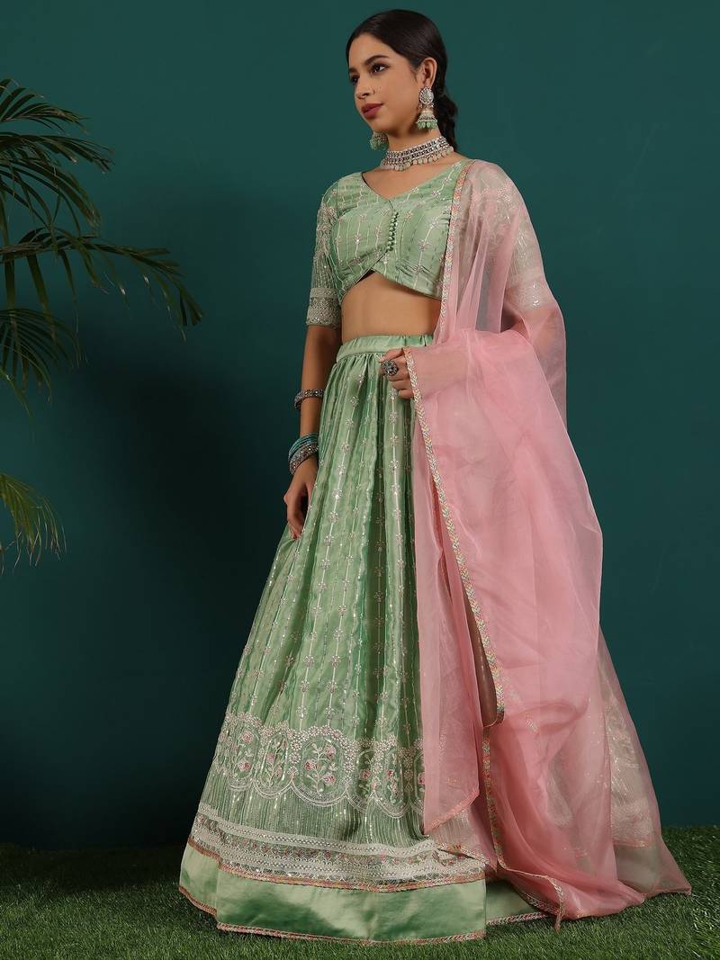 Ready To Wear Green Art Silk Embroidered Lehenga Set