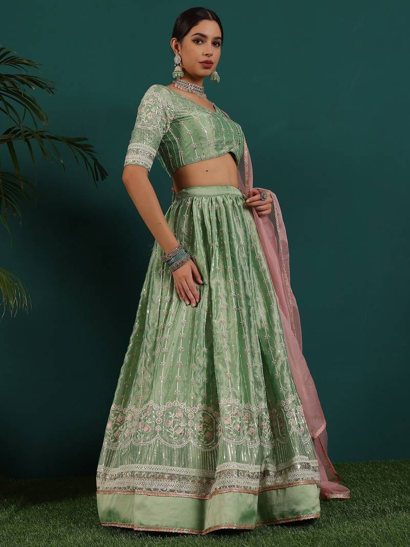 Ready To Wear Green Art Silk Embroidered Lehenga Set