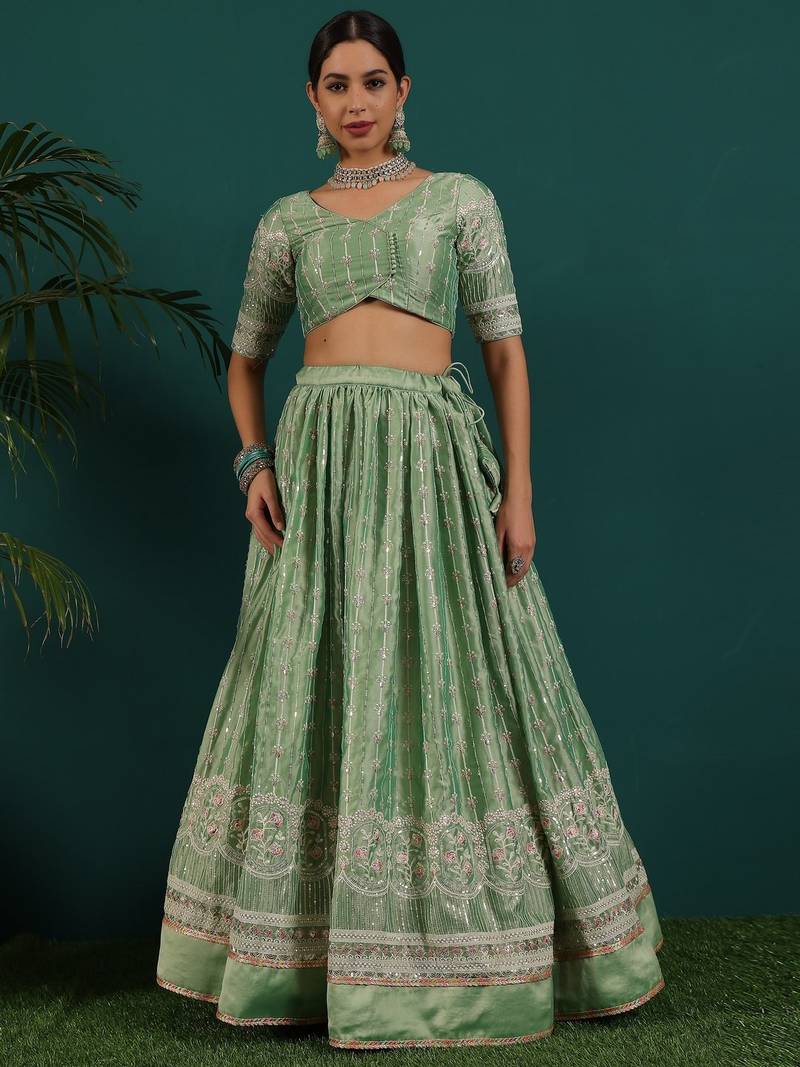 Ready To Wear Green Art Silk Embroidered Lehenga Set