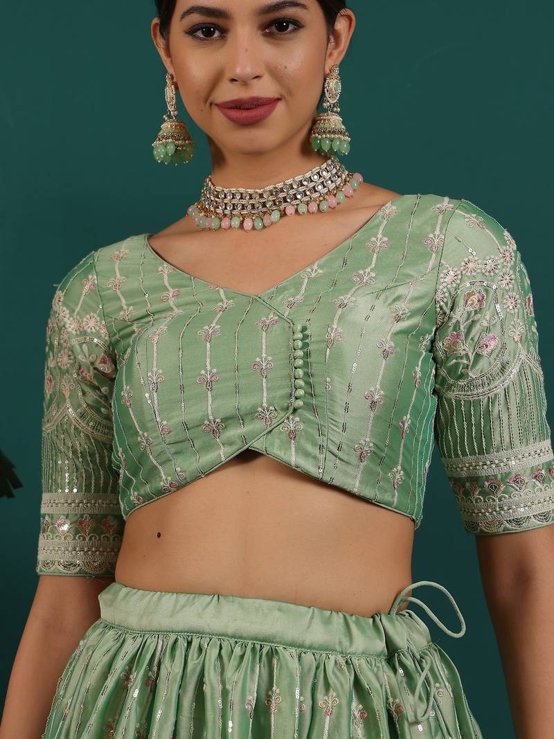 Ready To Wear Green Art Silk Embroidered Lehenga Set