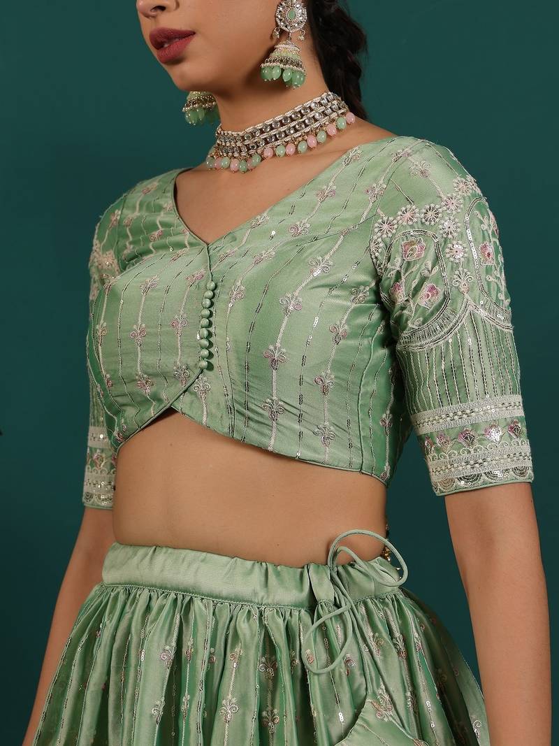 Ready To Wear Green Art Silk Embroidered Lehenga Set