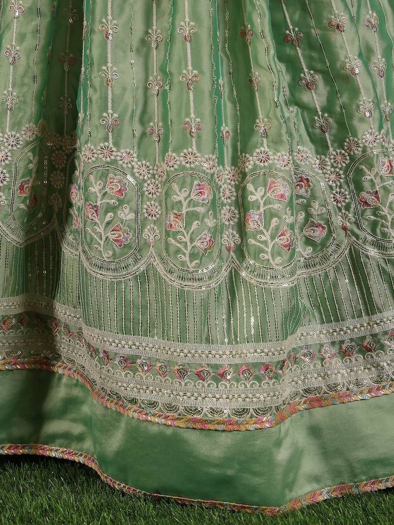 Ready To Wear Green Art Silk Embroidered Lehenga Set