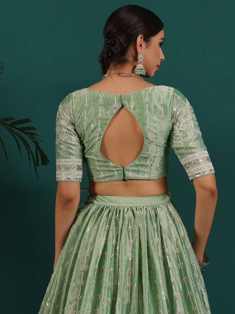 Ready To Wear Green Art Silk Embroidered Lehenga Set