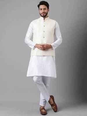 White weaving work jacquard silk kurta koti set with pyjama 1