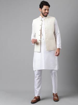 White weaving work jacquard silk kurta koti set with pyjama 3