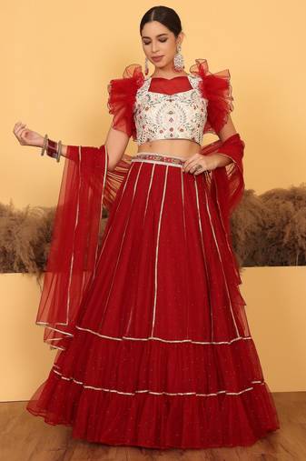 Ready To Wear Cream Embroidered Art Silk Maroon Net Lehenga Set
