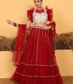 Ready To Wear Cream Embroidered Art Silk Maroon Net Lehenga Set