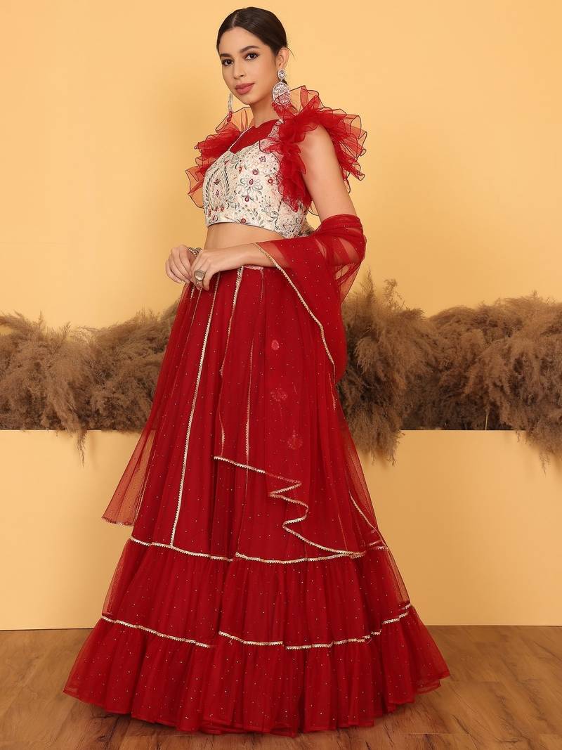 Ready To Wear Cream Embroidered Art Silk Maroon Net Lehenga Set