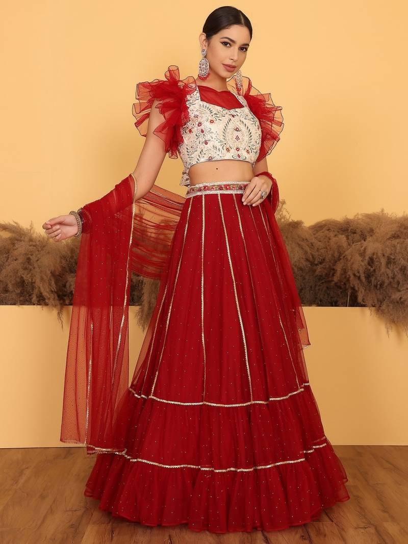 Ready To Wear Cream Embroidered Art Silk Maroon Net Lehenga Set