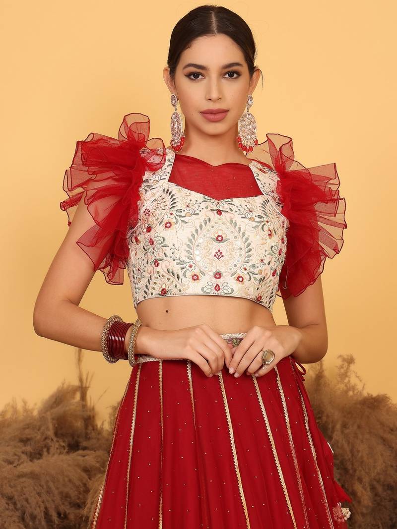 Ready To Wear Cream Embroidered Art Silk Maroon Net Lehenga Set