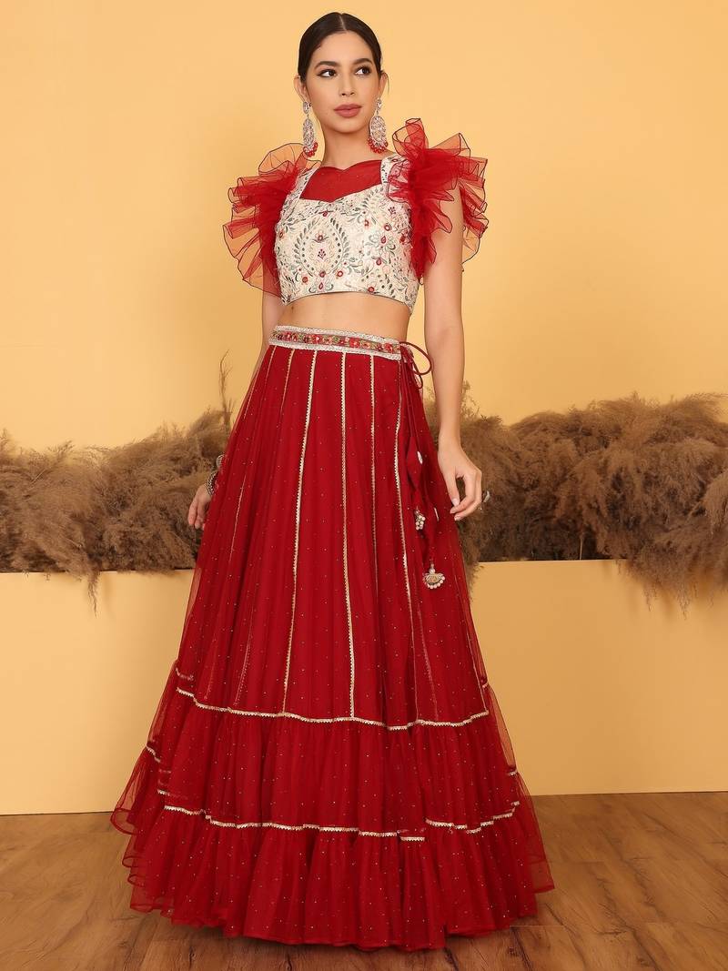 Ready To Wear Cream Embroidered Art Silk Maroon Net Lehenga Set