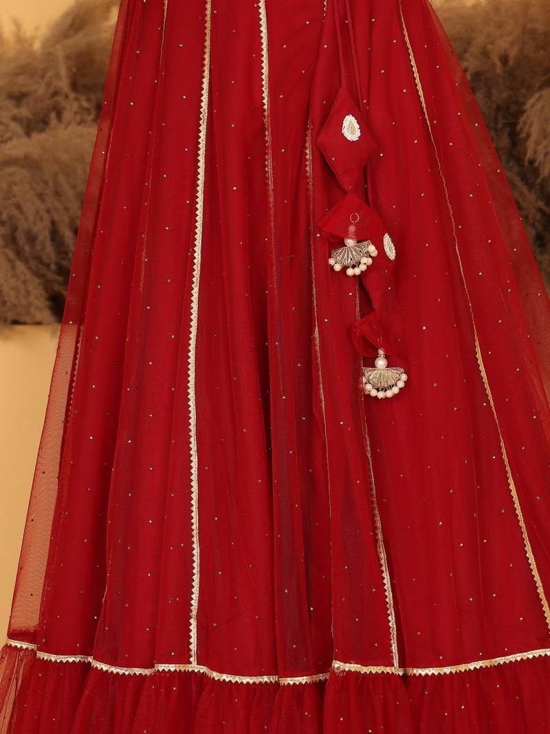 Ready To Wear Cream Embroidered Art Silk Maroon Net Lehenga Set