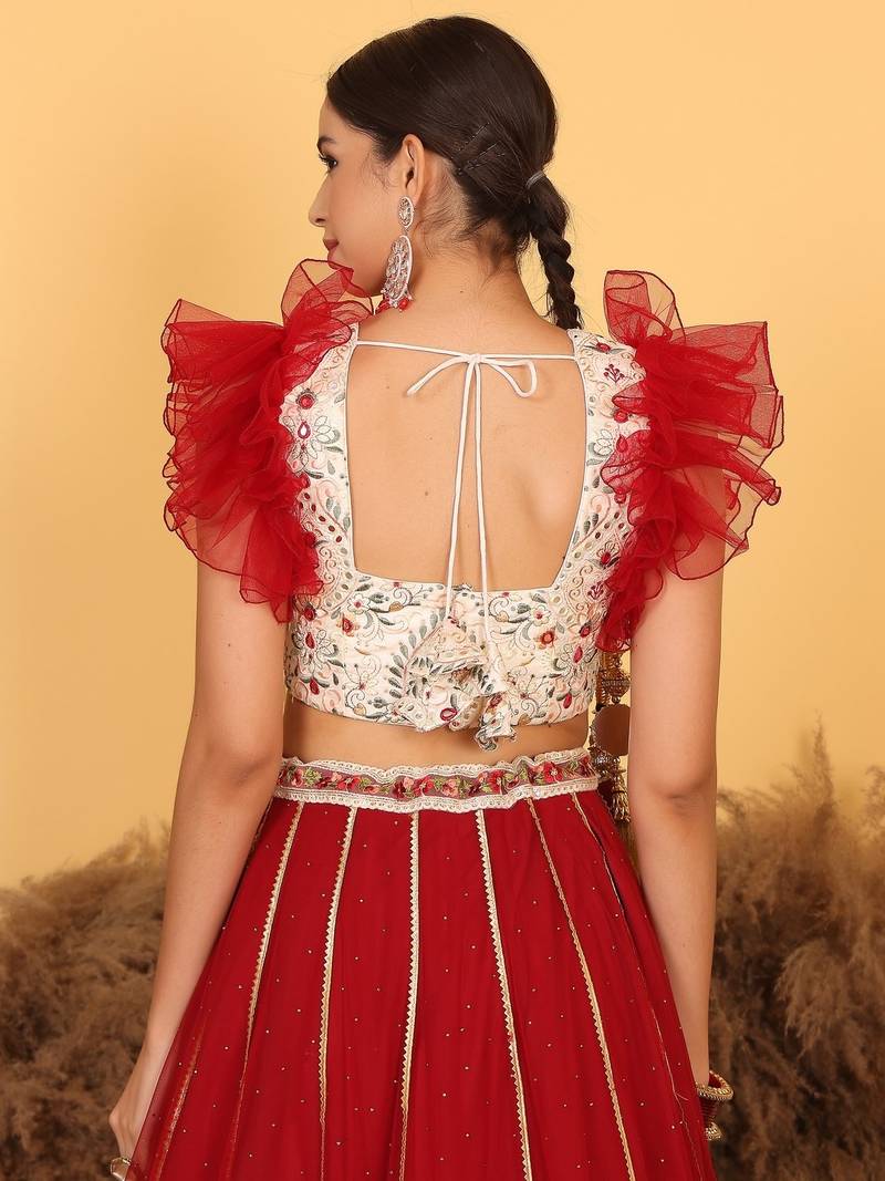 Ready To Wear Cream Embroidered Art Silk Maroon Net Lehenga Set